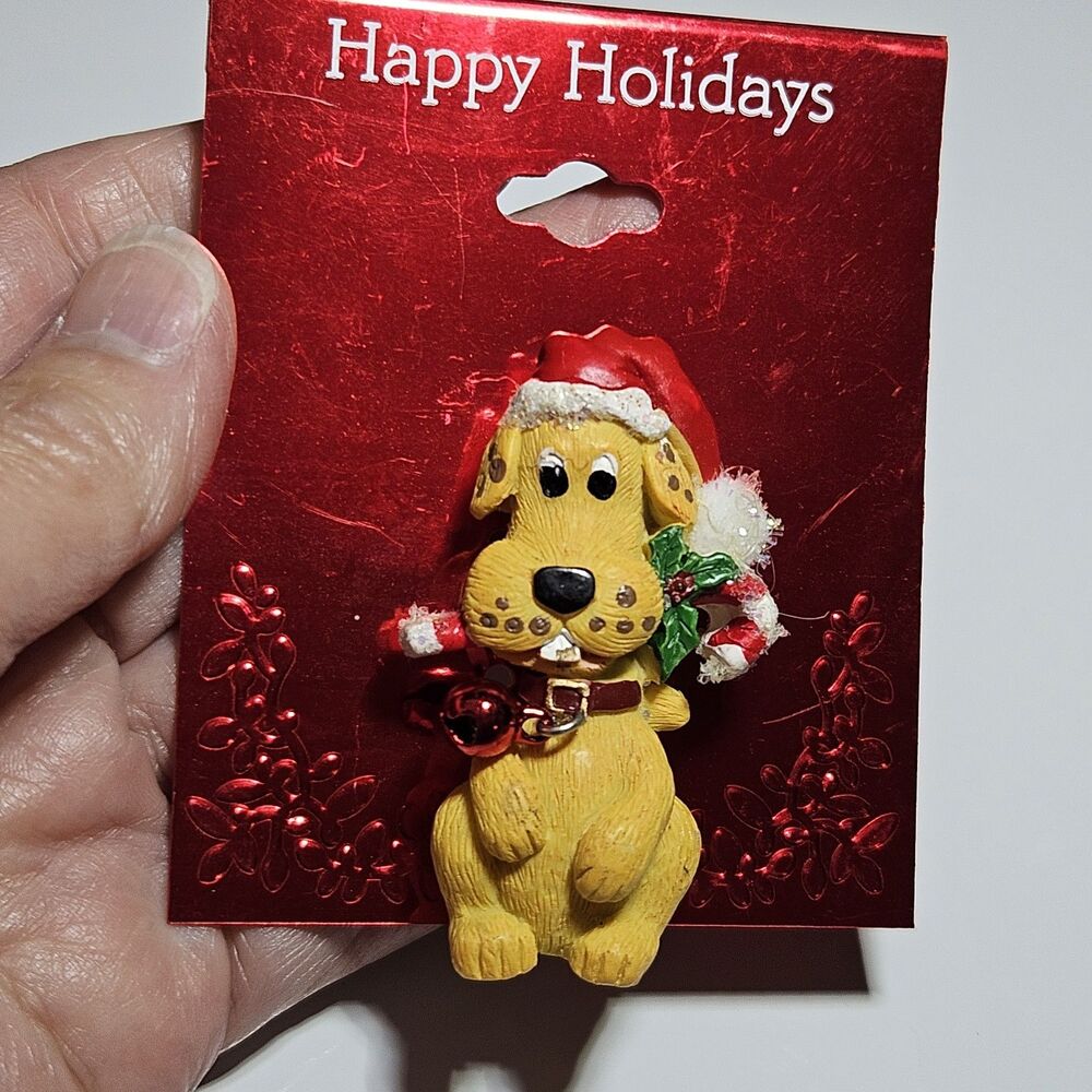 Christmas Puppy Dog Santa Hat Candy Cane In Mouth Resin New